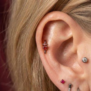 Gothic Dagger Heart Red CZ Threadless Push In Helix Stud Earring, F136 Titanium Flat Back Labret, Nose Tragus Helix Conch Cartilage Stud