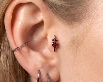 Gothic Dagger Heart Red CZ Threadless Push In Helix Stud Earring, F136 Titanium Flat Back Labret, Nose Tragus Helix Conch Cartilage Stud