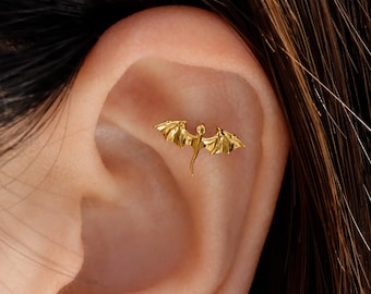 F136 Titanium Flying Dragon Threadless Push In Helix Stud, Hypoallergenic Flat Back Tragus Piercing Jewelry,  16G/18G/20G Cartilage Studs