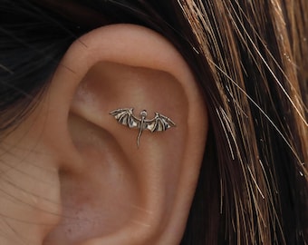 F136 Titanium Flying Dragon Threadless Push In Helix Stud, Hypoallergenic Flat Back Tragus Piercing Jewelry,  16G/18G/20G Cartilage Studs