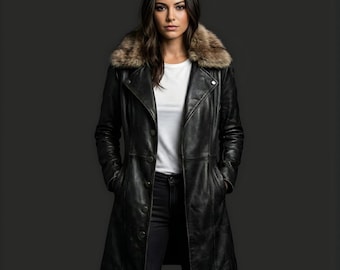 Damen Schwarz Vintage Style Ledermantel Handgefertigter Trenchcoat mit Kunstpelzkragen