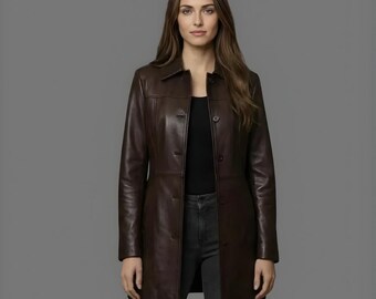 Women's Genuine Leather Coat - Brown Button Front Outerwear