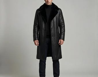 Men's Black Sheep Leather Trench Coat – Faux Fur Collar, Winter Outerwear