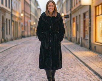 May include: A woman wearing a long, black faux fur coat with a matching belt and knee-high black boots. The coat has a classic design with large buttons and a notched collar. The background is a cobblestone street lined with buildings.