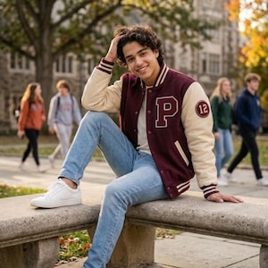 Könnte beinhalten: Eine weinrote und cremefarbene Collegejacke mit einem großen "P" und der Nummer "12" auf den Ärmeln. Dazu werden hellblaue Jeans und weiße Turnschuhe getragen. Die Person sitzt auf einer Steinbank.
