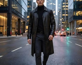 Langer schwarzer Ledermantel für Herren - Klassische Winterlederjacke, stilvolle formelle und lässige Oberbekleidung