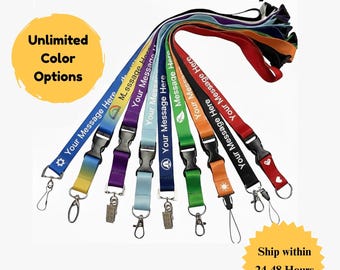 Puede incluir: Una colección de cordones de colores con el texto "Your Message Here" impreso. Cada cordón tiene un color diferente, incluyendo azul, morado, verde, naranja y rojo. La imagen también incluye el texto "Custom Full Color Lanyard" y "Unlimited Color Options."