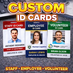 Custom ID Card PVC Badge | Employee Id Card, Staff Badge, Volunteer identity | Personalized Photo ID Card for Business, Office Organization