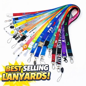 May include: A collection of colorful lanyards with various designs and company logos. The lanyards are in shades of red, blue, green, and black, with metal clips and plastic buckles. Text on the image reads "BEST SELLING LANYARDS!"