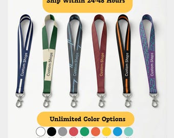 Puede incluir: Una colección de seis cordones en varios colores y diseños, cada uno con un cierre metálico. Los cordones muestran el texto "Custom Shops". La imagen también muestra una paleta de colores con "Unlimited Color Options" y el texto "Ship Within 24-48 Hours."