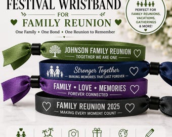 May include: Four fabric festival wristbands in olive green, navy blue, purple, and black, each featuring a black sliding bead closure. The bands are printed with white text including "Johnson Family Reunion," "Stronger Together," "Family Love Memories," and "Family Reunion 2025," along with various icons like trees and hearts.