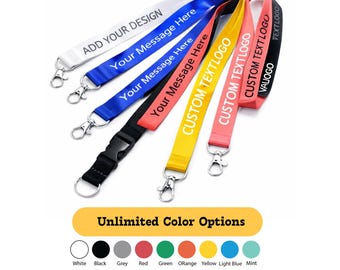 Puede incluir: Una colección de cordones en varios colores, incluyendo blanco, azul, negro, rojo y amarillo. Cada cordón cuenta con un cierre metálico y un diseño impreso, con texto como "ADD YOUR DESIGN" y "Your Message Here". La imagen también muestra una carta de colores con opciones ilimitadas.