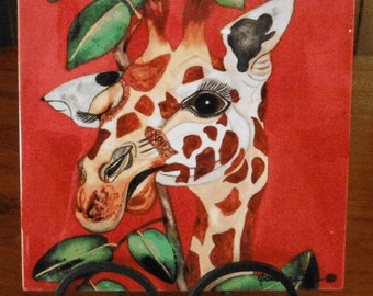 Ceramic Tile, Comes in three sizes, 4.25", 6", and 8".  Winking Giraffe , Artwork by Candace Lee Made in Hawaii with Aloha!