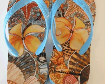 Flip Flops-  ShellShocked Starfish and Shells.  Artwork by Candace Lee.  Made in Hawaii with Aloha