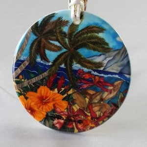 Porcelain Ornament -  Secret Spot  Tropical Hawaiian Scene Artwork by Candace Lee - Made in Hawaii - Artwork on Both Sides