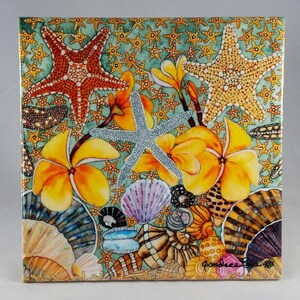 May include: A square ceramic tile with a colorful design featuring starfish, seashells, and yellow flowers. The tile has a green background with white dots and the signature "Gandara" in the bottom right corner.