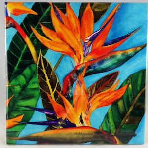 Bird of Paradise ceramic tile.  Comes in three sizes 4.25&quot;, 6&quot;, or 8&quot;.  Artwork by Candace Lee.  Made in Hawaii.