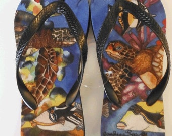 Flip Flops-  Under Water Bungalows Turtle (Honu).  Artwork by Candace Lee.  Made in Hawaii with Aloha