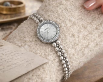 Pearl Bracelet Watch Women | Vintage Silver Gold Elegant Dress Watch | Dainty Jewelry Wristwatch | Minimalist Gift for Her.