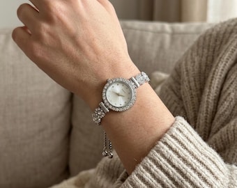 Rhinestone Flower Bracelet Watch Women | Diamond Floral Luxury Wristwatch | Dainty Jewelry Dress Watch | Elegant Gift for Her.