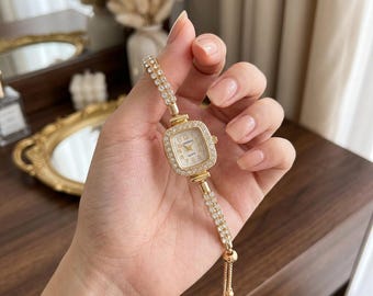Square Diamond Bracelet Watch Women | Double Row Crystal Rhinestone Wristwatch | Luxury Bling Dress Watch | Elegant Gift for Her.