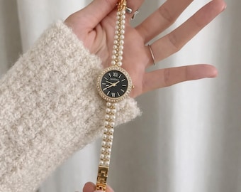 Pearl Studded Strap Watch for Women | Luxury Ladies Bracelet Watch | Fashion Quartz Wristwatch | Elegant Jewelry Gift for Her | Reloj Mujer