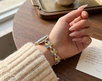 Women’s Flower Smartwatch Band | Stainless Steel Bracelet Strap | Elegant Floral Link Watch Band | Fashion Jewelry Style | Gift for Her
