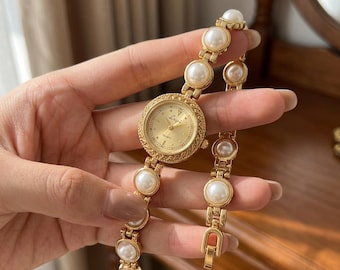 Gold French Fashion Women Pearl Strap Quartz Watch Palace Retro Bohemian Waterproof, Dark Academia Aesthetic Cottagecore Vintage Jewelry