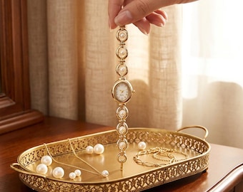 Minimalist Gold Pearl Bracelet Watch, Elegant White Pearl Wristwatch, Dainty Jewelry Watch for Women, Delicate Gold Tone Timepiece