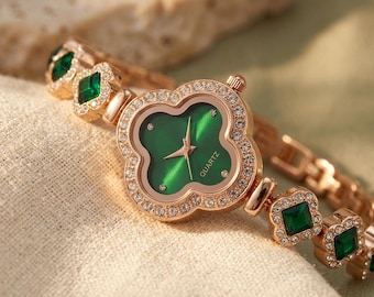 Clover Bracelet Watch for Women,Rhinestone Quartz Wrist Watch, Elegant Floral Bracelet Watch,Dress Watch Gift for Her, Fashion Jewelry Watch