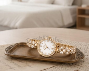 Elegant Women's Quartz Watch with Diamond Accents, Luxury Gold Chain Bracelet Watch, Auto Date Ladies Dress Watch, Gift for Her