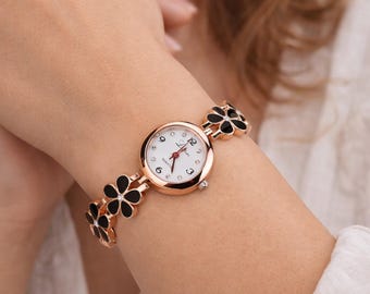 Rhinestone Flower Bracelet Watch | Dainty Jewelry Watch for Women | Elegant Silver Gold Black Dress Watch | Gift for Her.