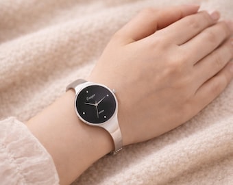 Gold Cuff Bracelet Watch for Women | Minimalist Round Dial Wristwatch | Stainless Steel Bangle Watch | Modern Ladies Quartz | Elegant Gift