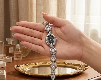 Luxury Brand Women Oval Dial Quartz Watch Inlaid Pearl Bracelet Wristwatches Dress, Dark Academia Aesthetic Cottagecore Vintage Jewelry Gift