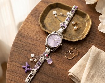 Women's Stainless Steel Charm Bracelet Watch, Quartz Analog Wrist Watch, Crystal Link Watch, Fashion Jewelry Gift for Her