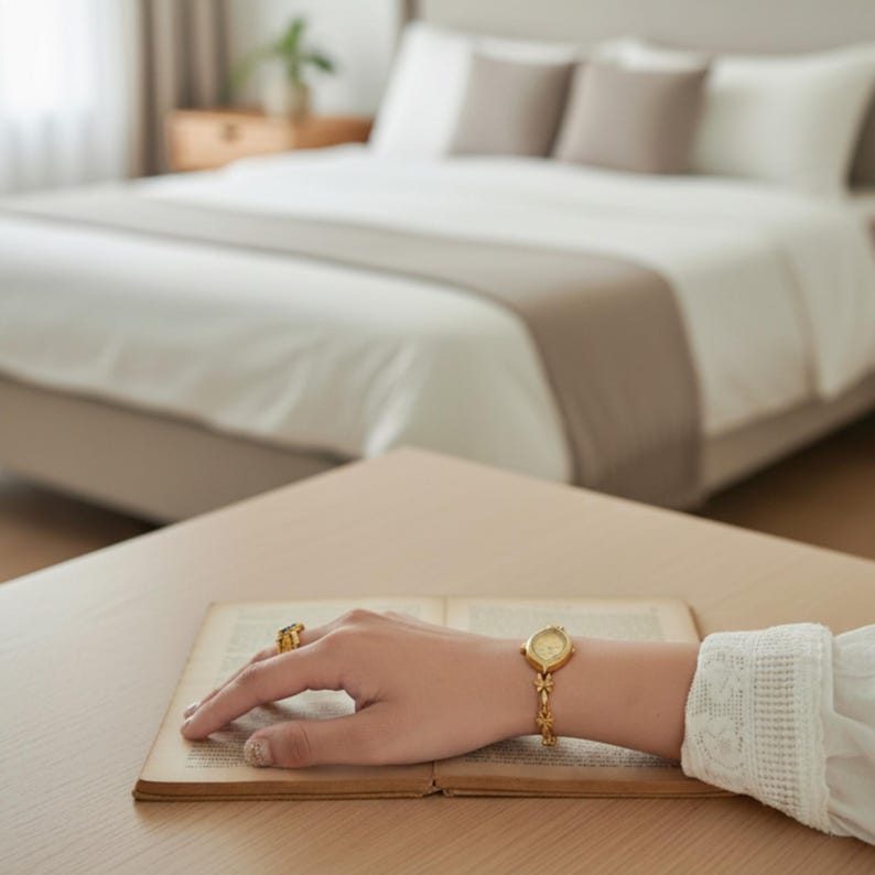 May include: A gold-toned wristwatch with a floral design is worn on a wrist resting on an open book. A gold ring is also visible. The background shows a bed with white linens and a brown runner, suggesting a bedroom setting.