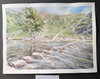 オリジナル水彩画「夕焼けの海景」 - 14 x 11インチのマウント - Etsy 日本