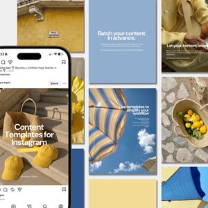 Peut inclure: Un collage d'images aux tons jaunes et bleus. L'une d'elles montre un téléphone affichant une publication Instagram sur les modèles de contenu. D'autres images présentent du texte tel que "Batch your content in advance" et "Use templates to simplify your workflow."