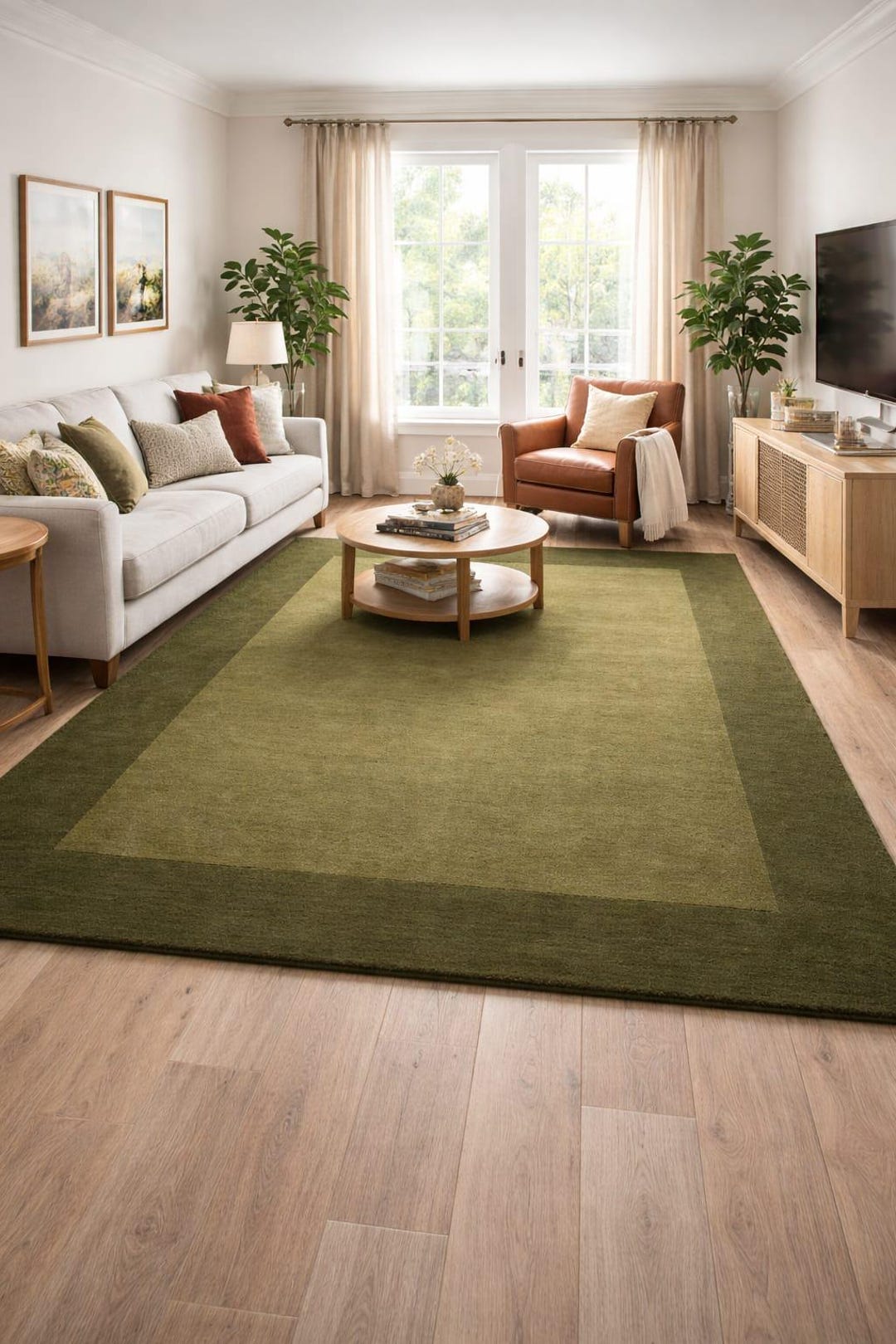 Hand Tufted Wool Area Rug, Olive Border, Modern Minimalist Living Room ...