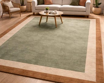 Sage Green Wool Area Rug, Hand Tufted Bordered Carpet, Modern Living Room Rug