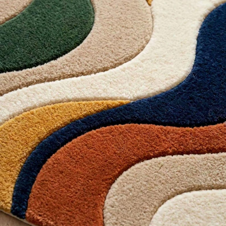 Hand Tufted Wool Rug, Modern Abstract Area Rug, Multicolor Wave Carpet ...