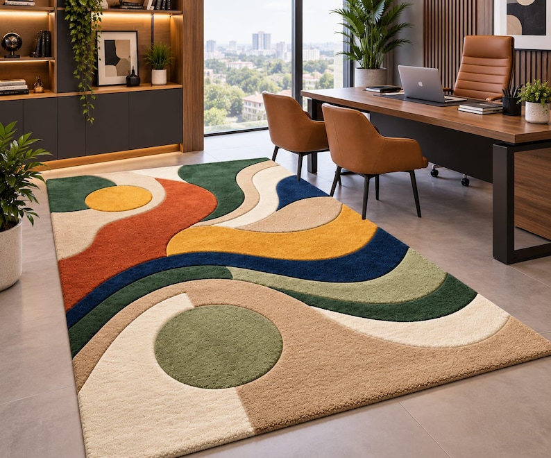 Hand Tufted Wool Rug, Modern Abstract Area Rug, Multicolor Wave Carpet ...