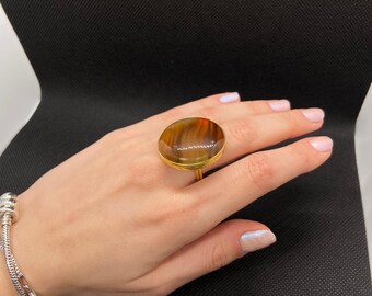 Messing Achat Ring, 24K Gold Plated, Größe 16
