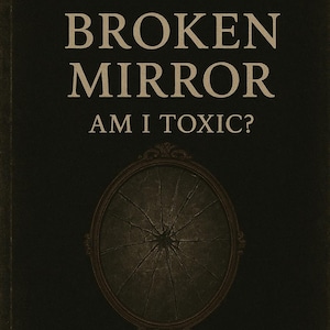 Puede incluir: Portada de libro con el título "BROKEN MIRROR" en letras grandes y en negrita. El subtítulo "AM I TOXIC?" está debajo. La portada presenta un espejo oscuro de estilo antiguo con grietas. El texto "THE DARK MIRROR" y "A SHADOW WORK JOURNAL TRILOGY" está en la parte superior.