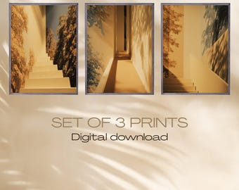 Set di 3 stampe murali architettoniche minimaliste, stampe moderne dai toni caldi e neutri, arte astratta per interni, download digitale, arredamento contemporaneo per la casa