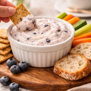 May include: A white bowl filled with blueberry dip, with a cracker being dipped into it. The dip is surrounded by crackers, blueberries, carrot sticks, celery sticks, and bread slices on a wooden board. A cup of coffee is in the background.
