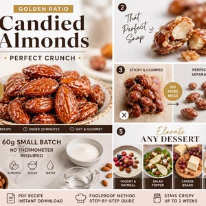 May include: Image of candied almonds with the text "Candied Almonds" and "Perfect Crunch." The image shows a bowl of glazed almonds, with close-ups of the almonds and ingredients. The recipe is for a 60g small batch.
