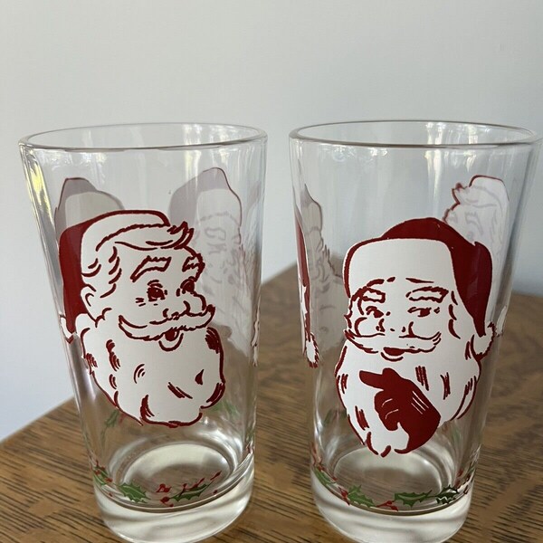 2 Vintage Peanut Butter Boscul Santa Face Glasses Tumblers Christmas Excellent