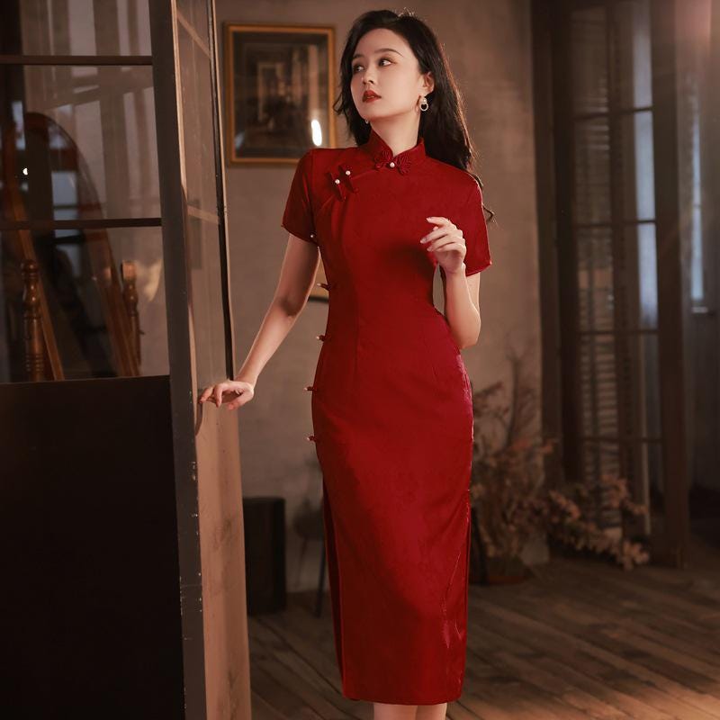 burgundy chinese dress Floral Embroidery Cap Sleeve Full Length Velvet Cheongsam Chinese Dress Burgundy / L main image 1