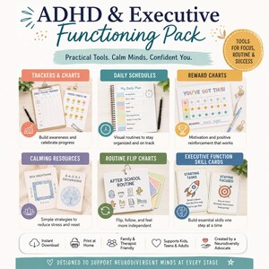 以下が含まれることがあります： ADHD & Executive Functioning Pack。トラッカー、日課表、報酬チャート、落ち着くためのリソース、ルーチンフリップチャート、スキルカードが含まれています。テキスト：ADHD & Executive Functioning Pack, Practical Tools, Calm Minds, Confident You.